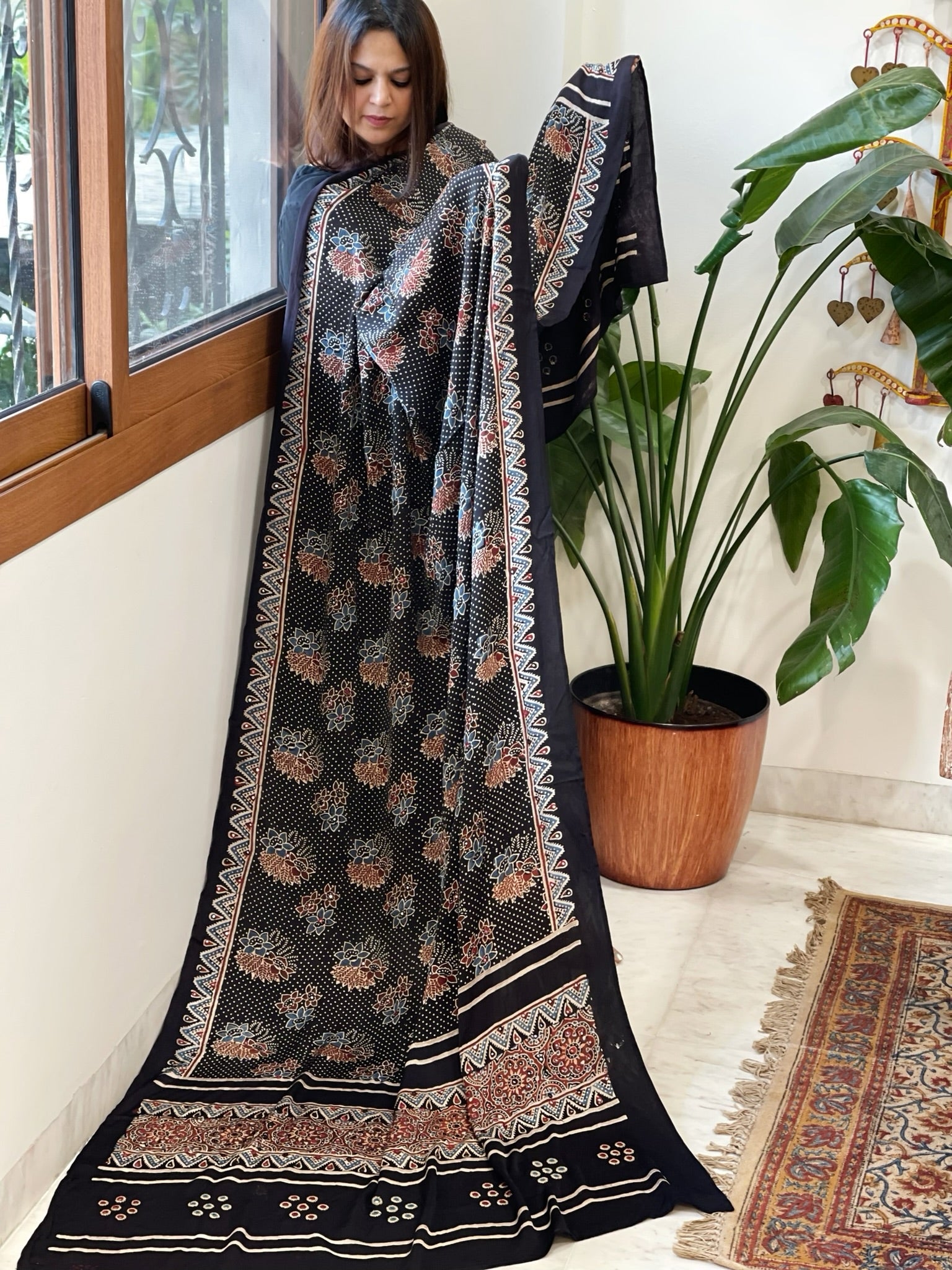 Handblock Printed Ajrakh Dupatta with Handwork in Modal Silk - Masakalee