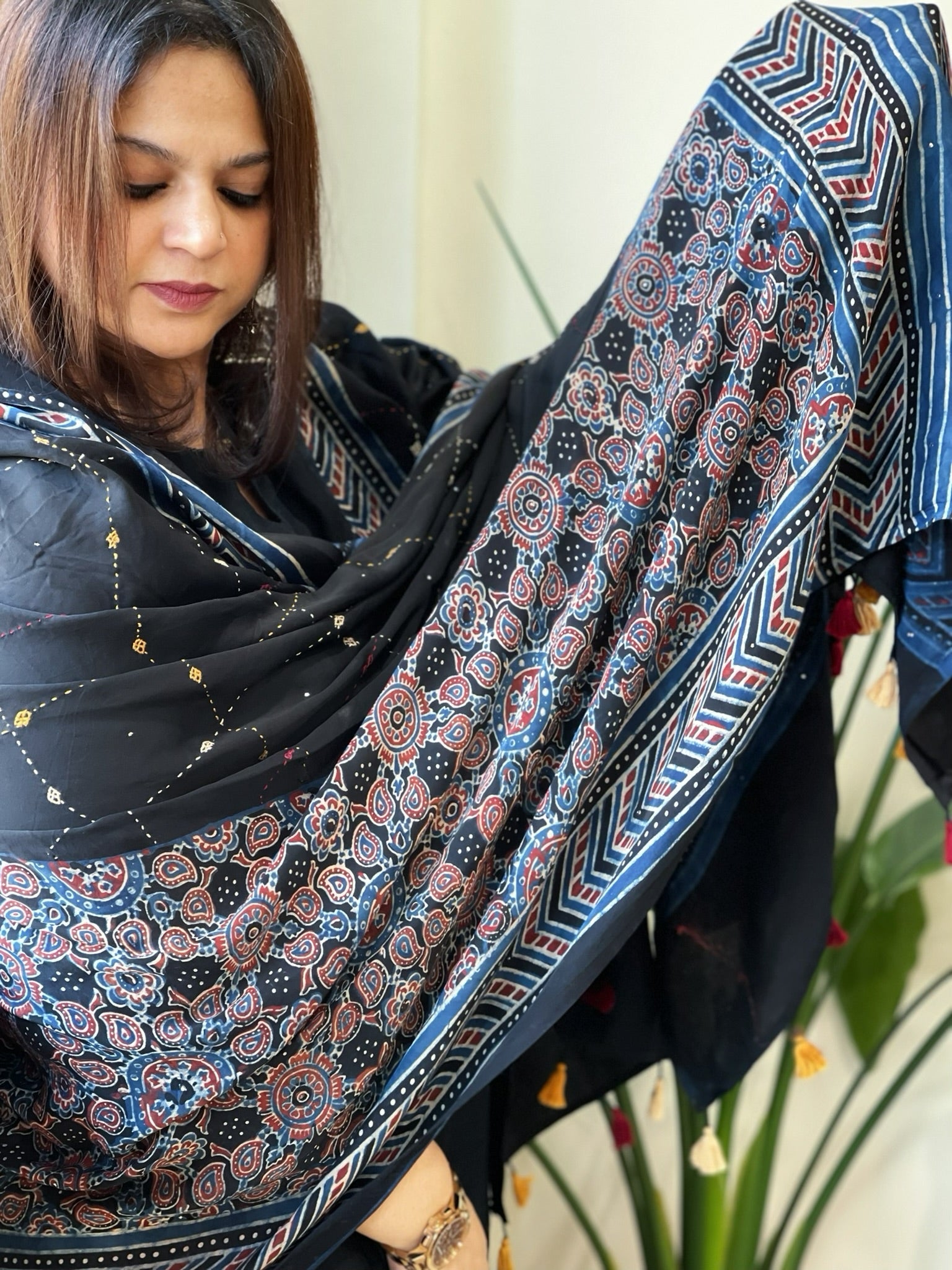 Handblock Printed Ajrakh Dupatta with Handwork in Modal Silk - Masakalee