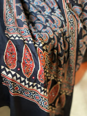 Handblock Printed Ajrakh Dupatta with Handwork in Modal Silk - Masakalee