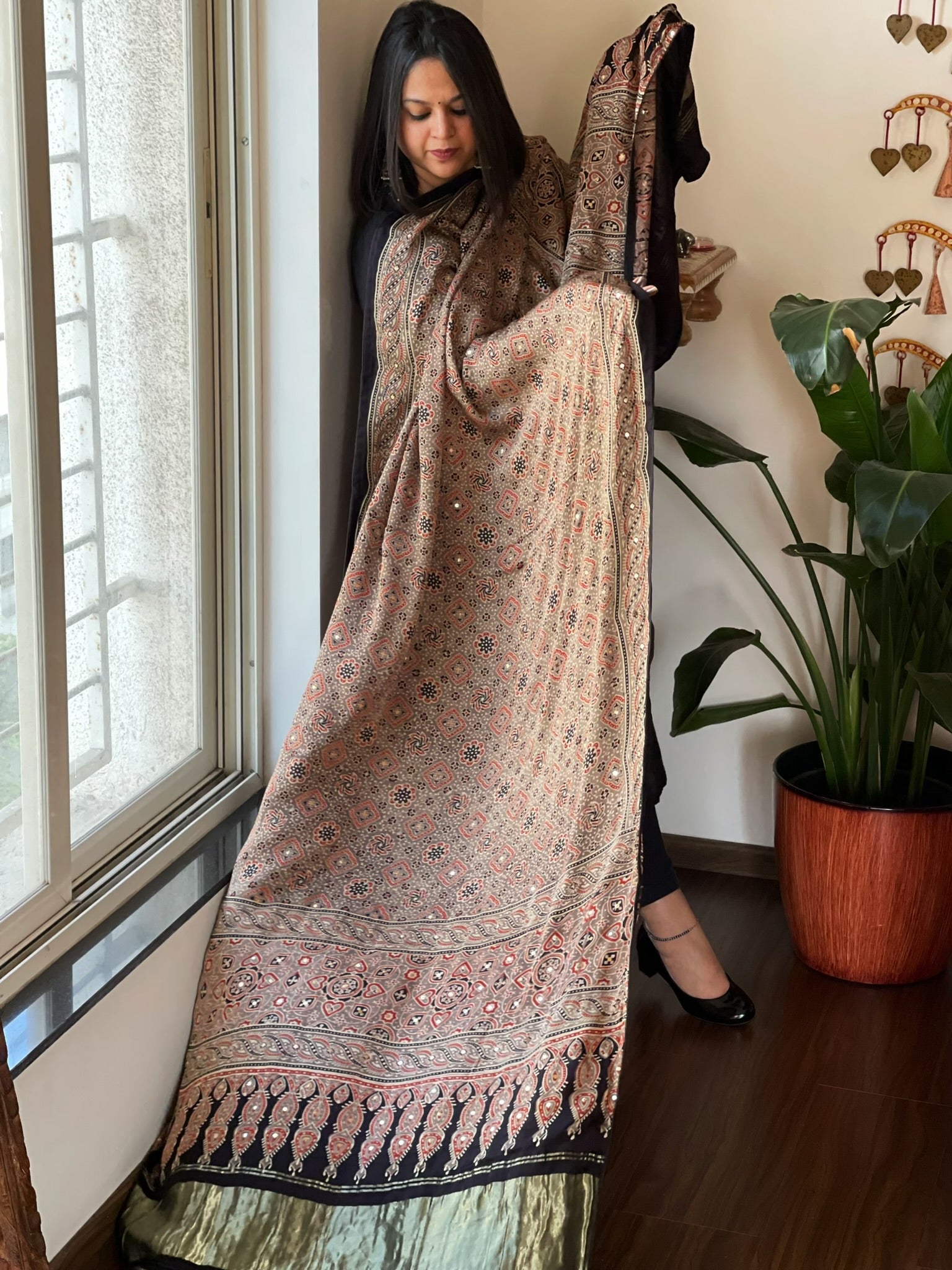 Handblock Printed Ajrakh Dupatta wth Mukaish Handwork - Masakalee