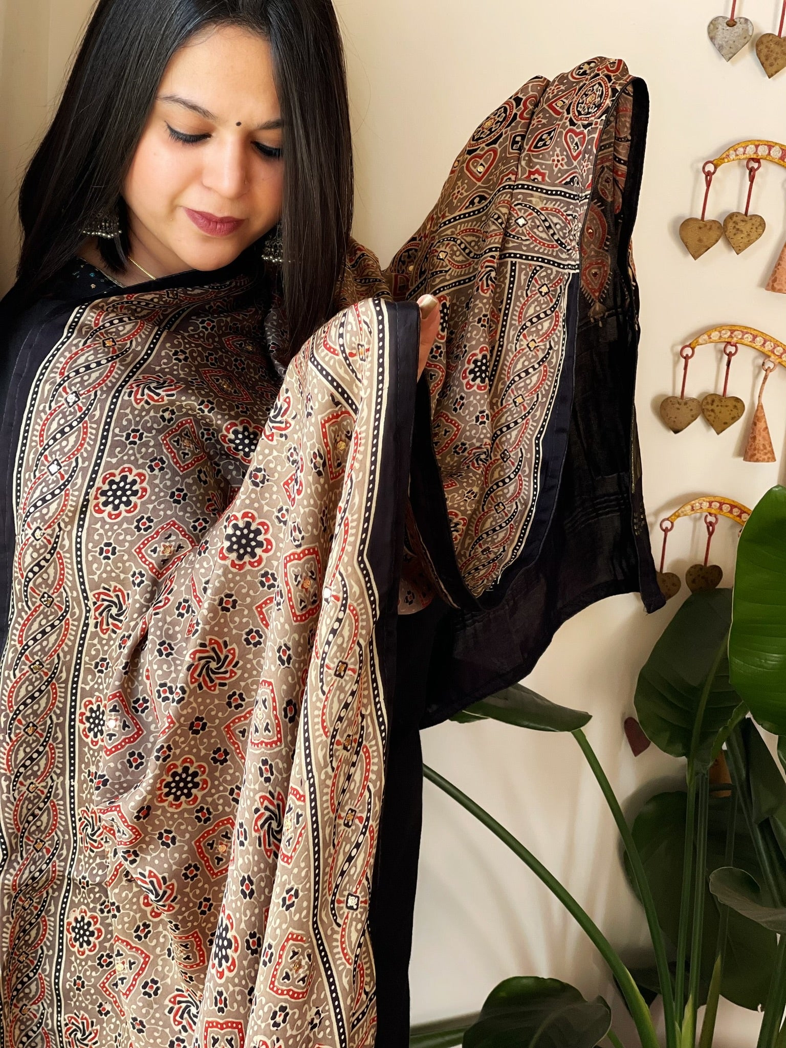 Handblock Printed Ajrakh Dupatta wth Mukaish Handwork - Masakalee