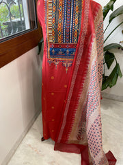 Handblock Printed Embroidered Suit Set with Patchwork in Pure Cotton - Masakalee