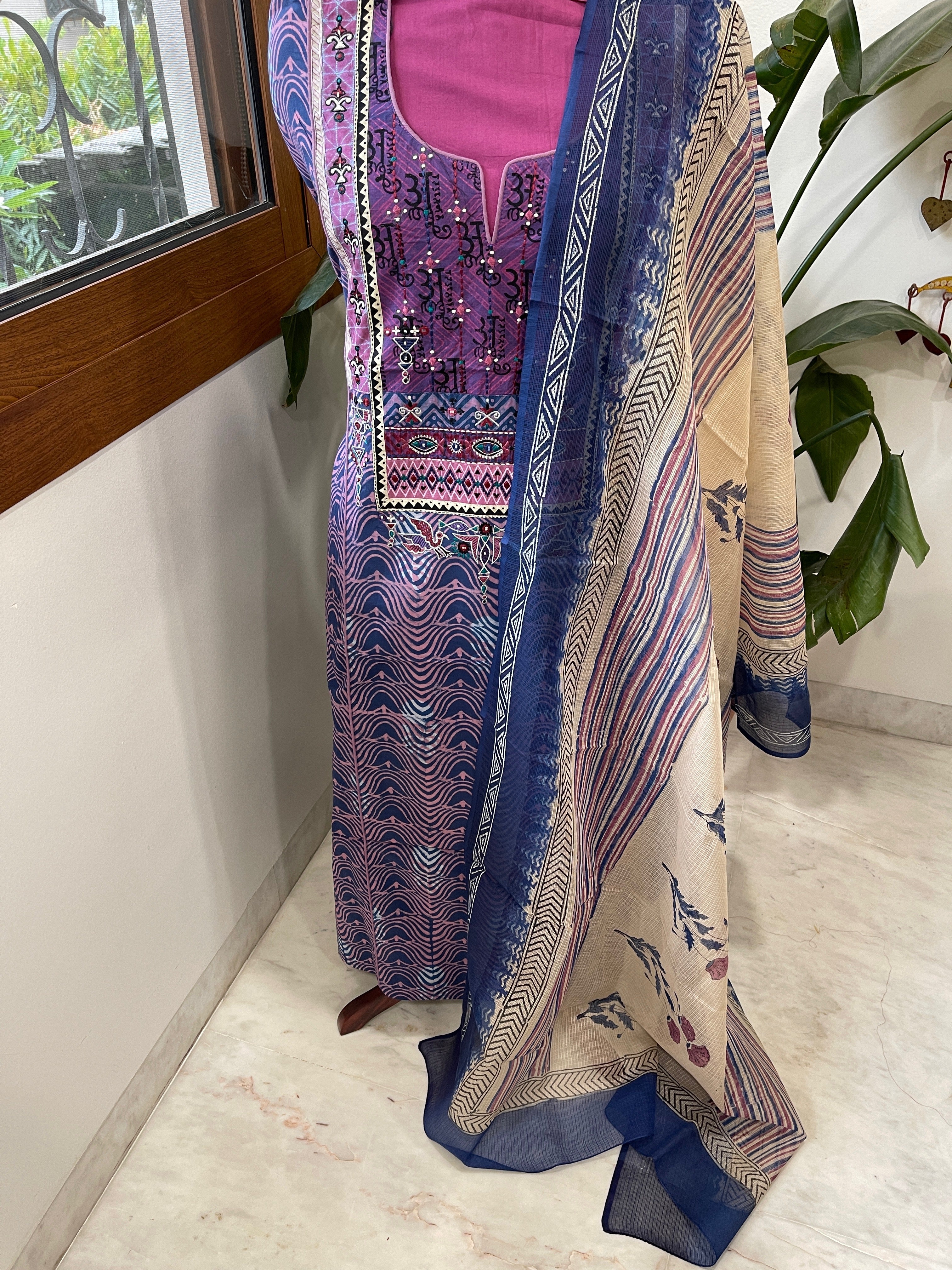 Handblock Printed Embroidered Suit Set with Patchwork in Pure Cotton - Masakalee