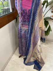 Handblock Printed Embroidered Suit Set with Patchwork in Pure Cotton - Masakalee