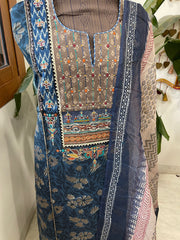 Handblock Printed Embroidered Suit Set with Patchwork in Pure Cotton - Masakalee