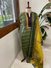 Handblock Printed Embroidered Suit Set with Patchwork in Pure Cotton - Masakalee