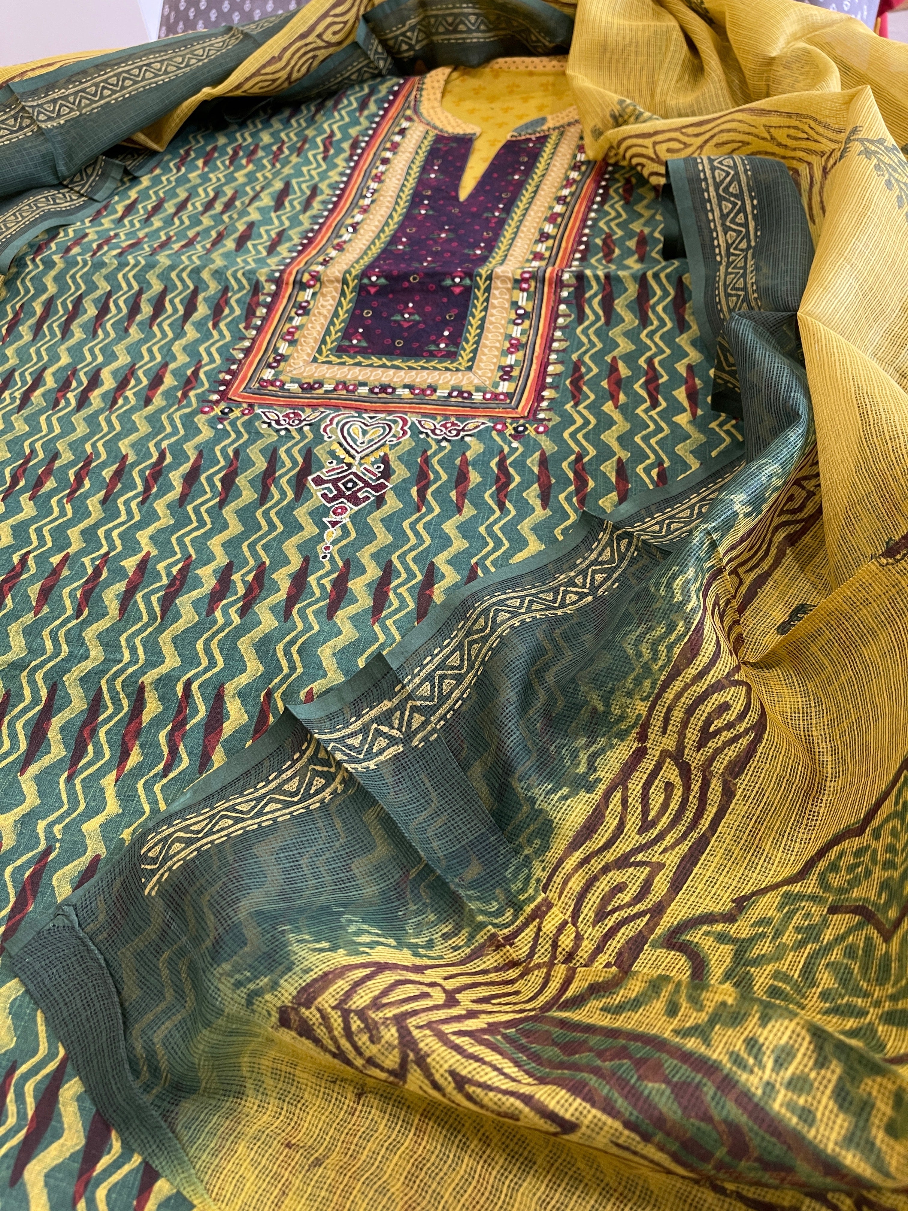 Handblock Printed Embroidered Suit Set with Patchwork in Pure Cotton - Masakalee