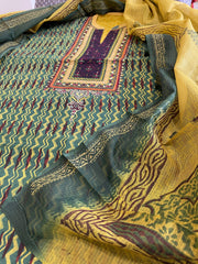 Handblock Printed Embroidered Suit Set with Patchwork in Pure Cotton - Masakalee