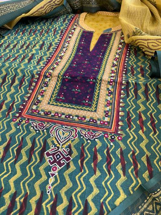 Handblock Printed Embroidered Suit Set with Patchwork in Pure Cotton - Masakalee