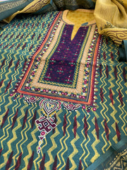 Handblock Printed Embroidered Suit Set with Patchwork in Pure Cotton - Masakalee