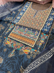 Handblock Printed Embroidered Suit Set with Patchwork in Pure Cotton - Masakalee