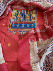 Handblock Printed Embroidered Suit Set with Patchwork in Pure Cotton - Masakalee