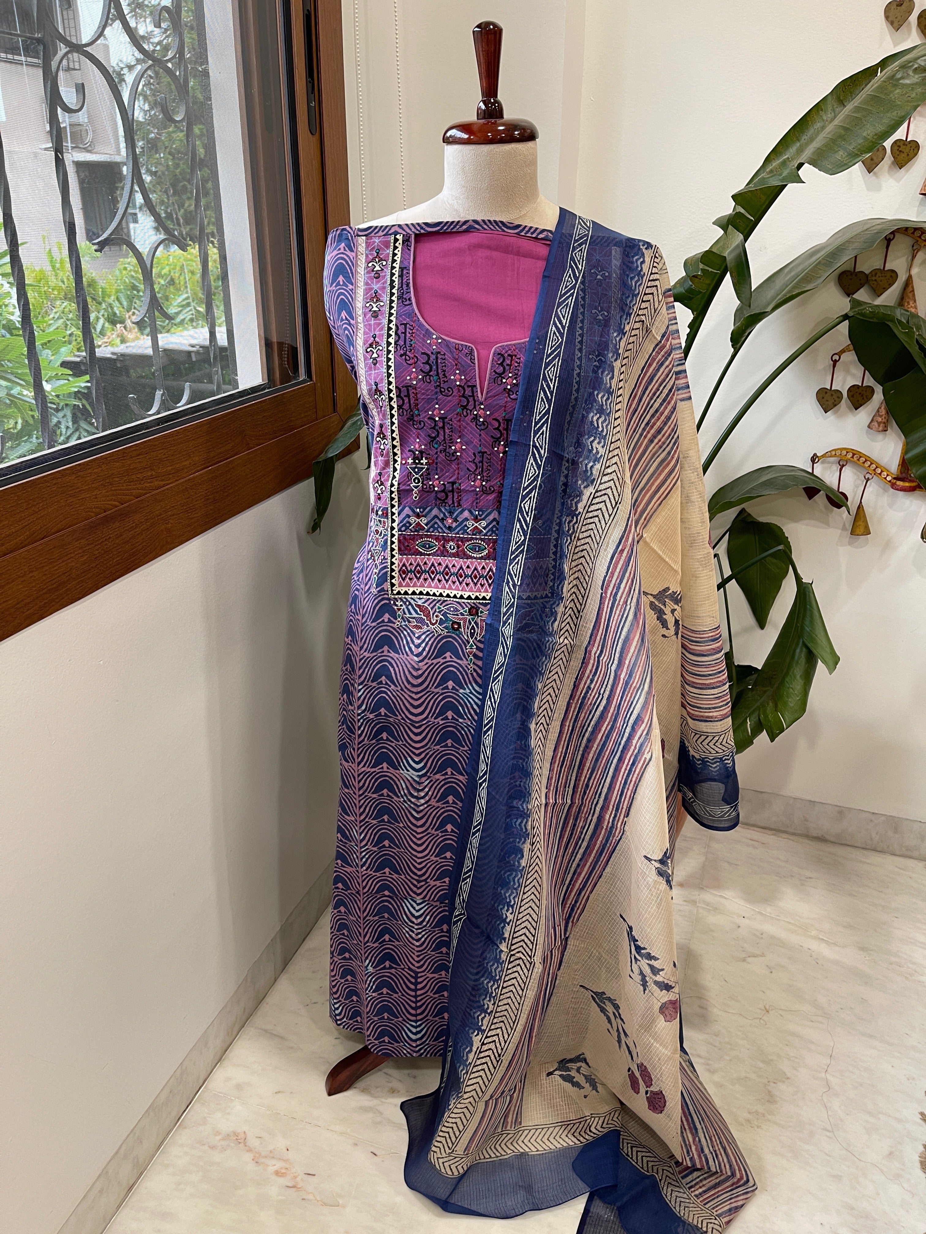 Handblock Printed Embroidered Suit Set with Patchwork in Pure Cotton - Masakalee