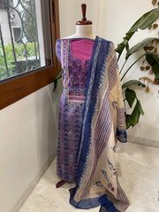 Handblock Printed Embroidered Suit Set with Patchwork in Pure Cotton - Masakalee