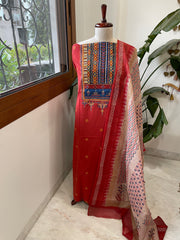 Handblock Printed Embroidered Suit Set with Patchwork in Pure Cotton - Masakalee