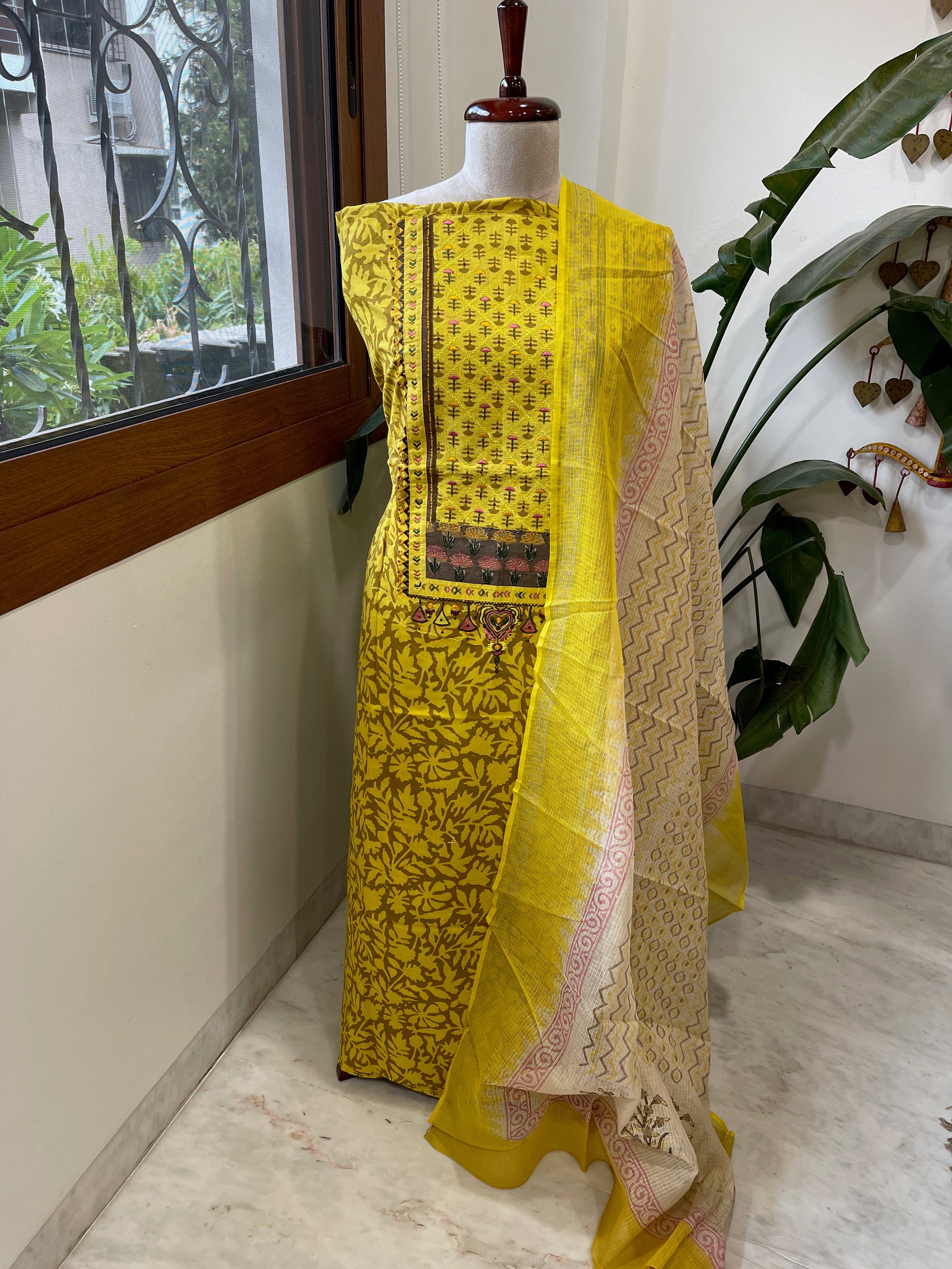 Handblock Printed Embroidered Suit Set with Patchwork in Pure Cotton - Masakalee