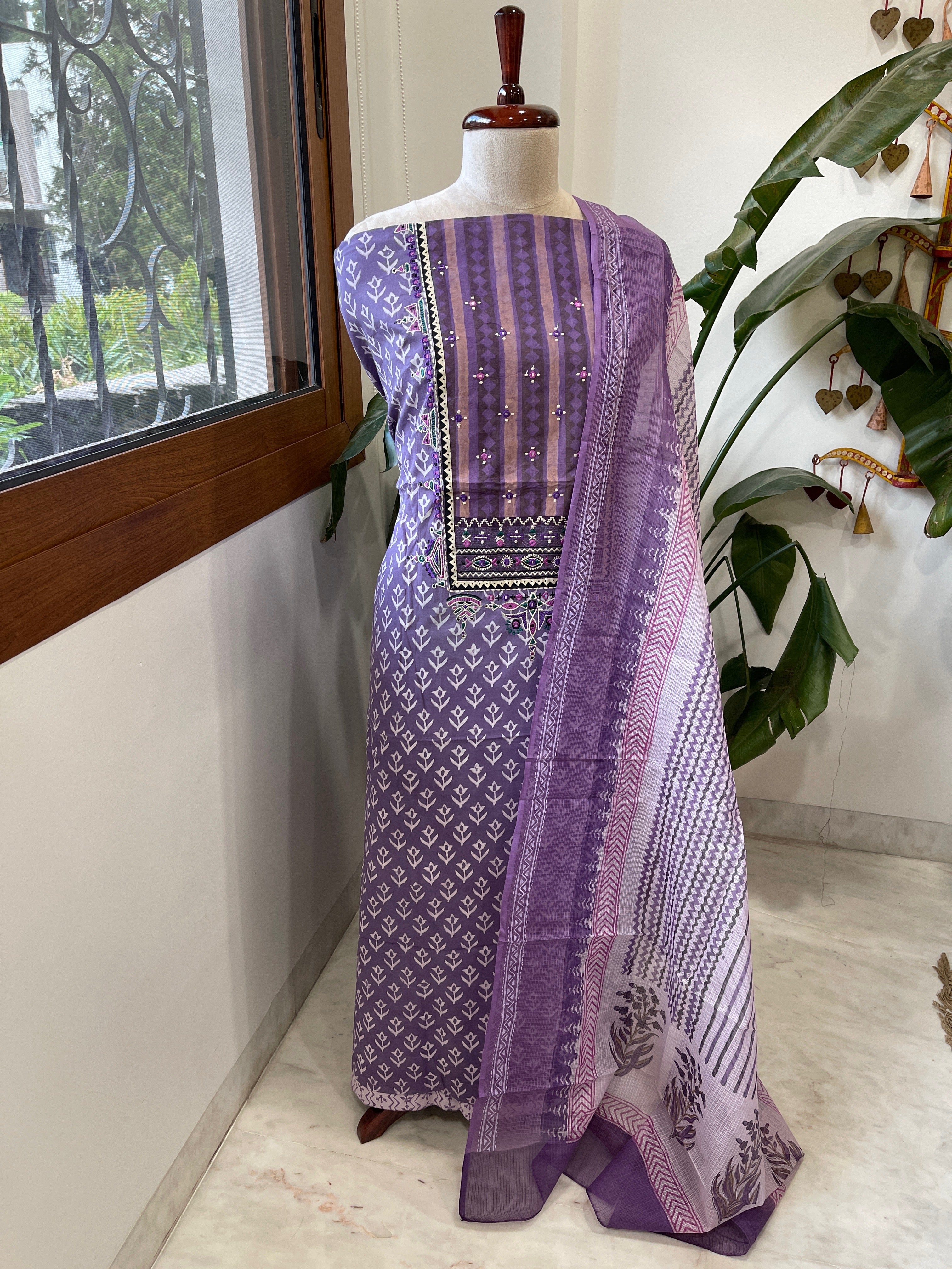 Handblock Printed Embroidered Suit Set with Patchwork in Pure Cotton - Masakalee