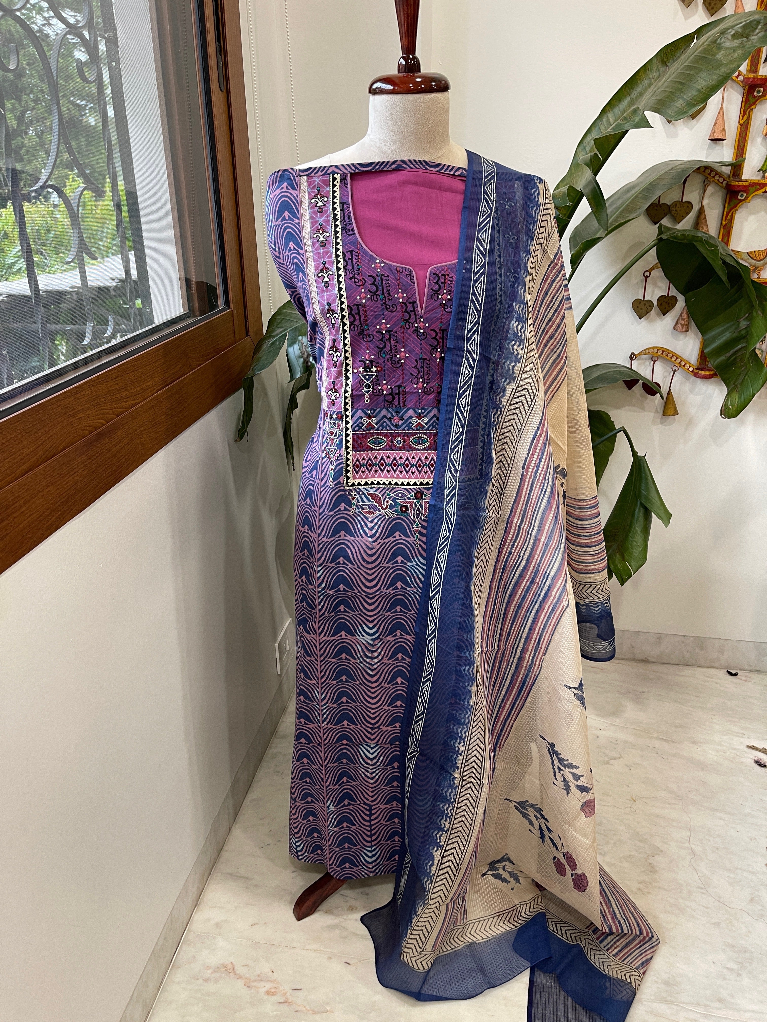 Handblock Printed Embroidered Suit Set with Patchwork in Pure Cotton - Masakalee