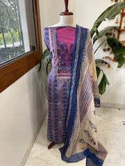 Handblock Printed Embroidered Suit Set with Patchwork in Pure Cotton - Masakalee