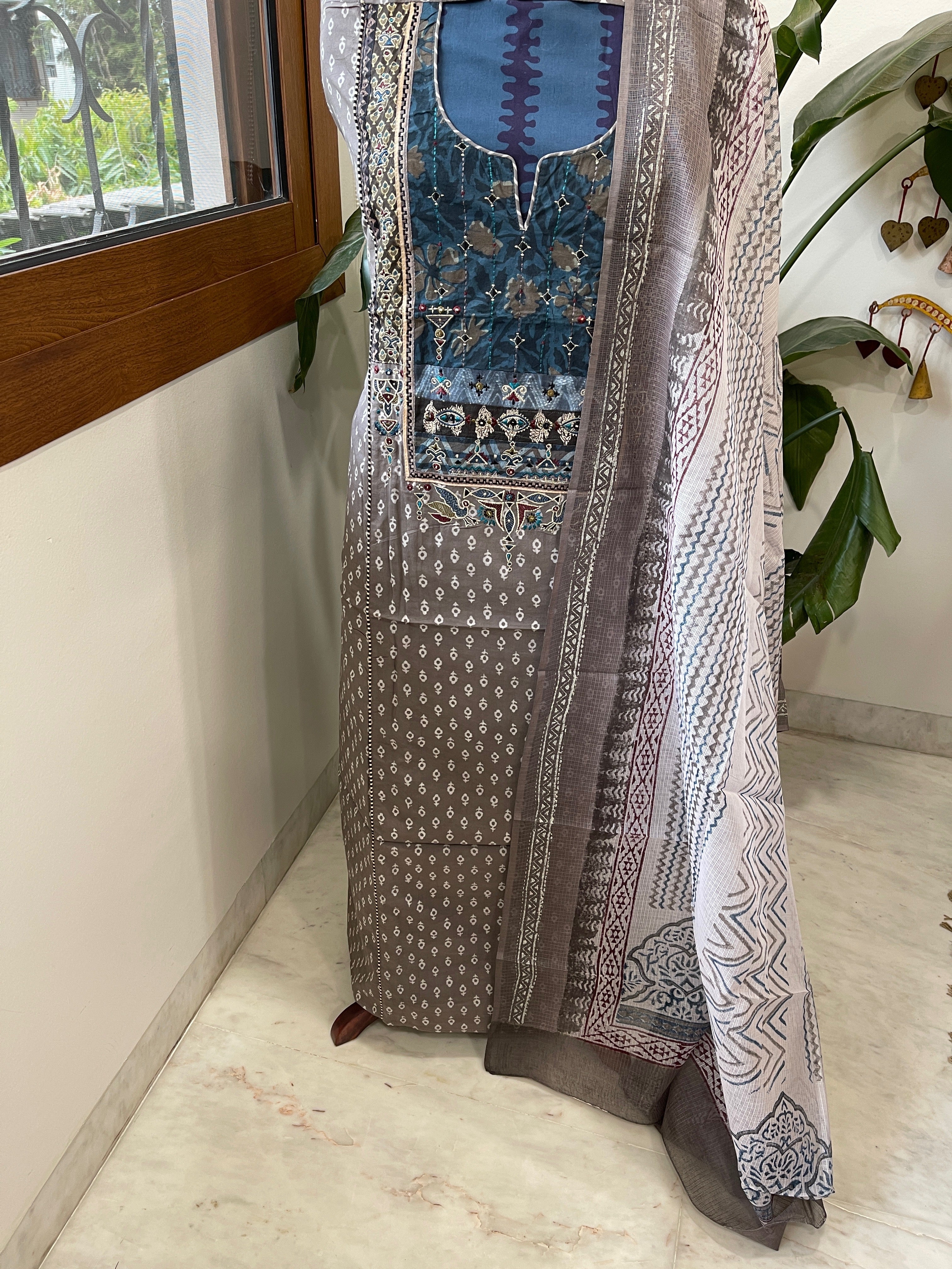 Handblock Printed Embroidered Suit Set with Patchwork in Pure Cotton - Masakalee
