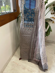 Handblock Printed Embroidered Suit Set with Patchwork in Pure Cotton - Masakalee