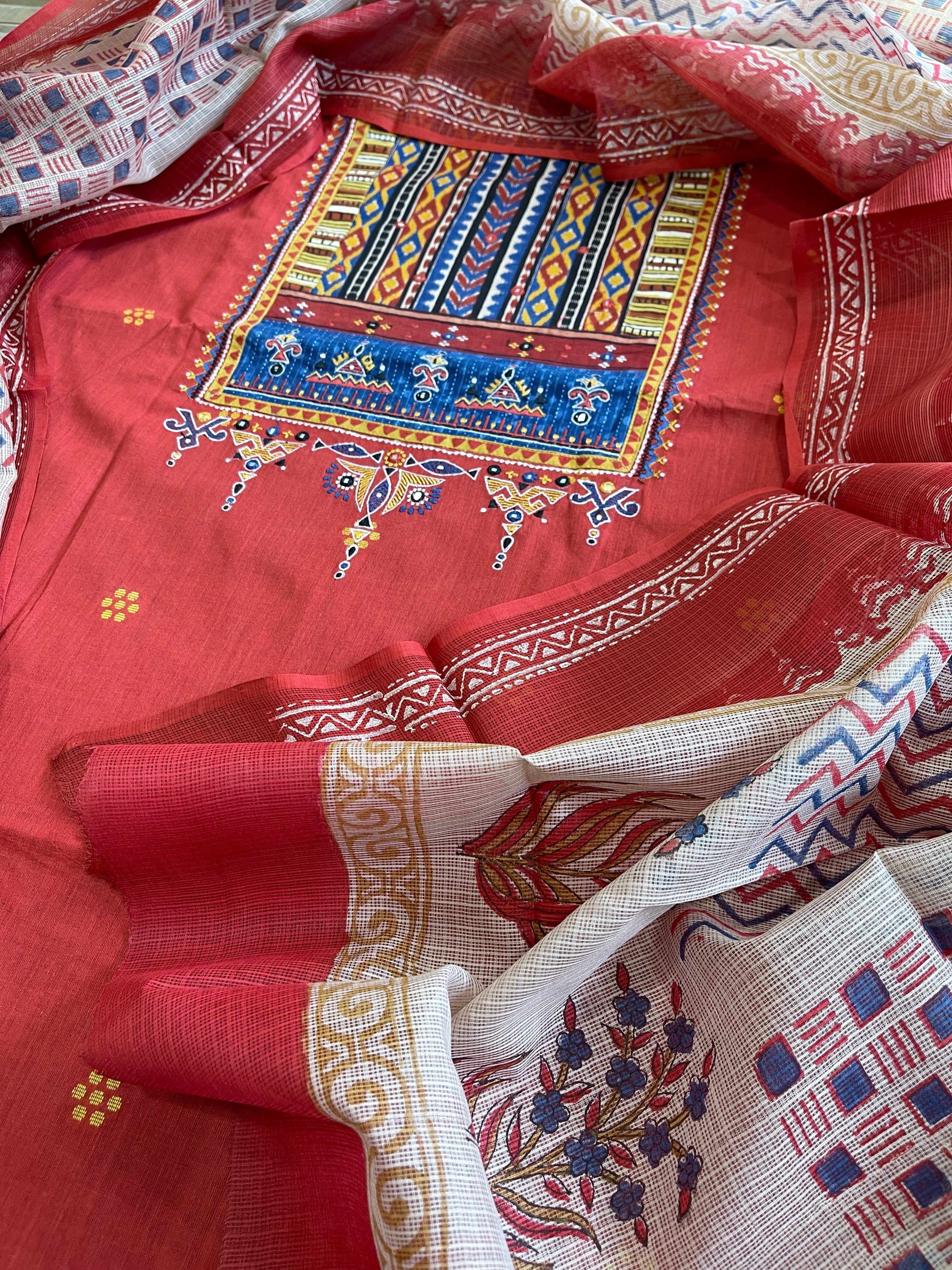 Handblock Printed Embroidered Suit Set with Patchwork in Pure Cotton - Masakalee