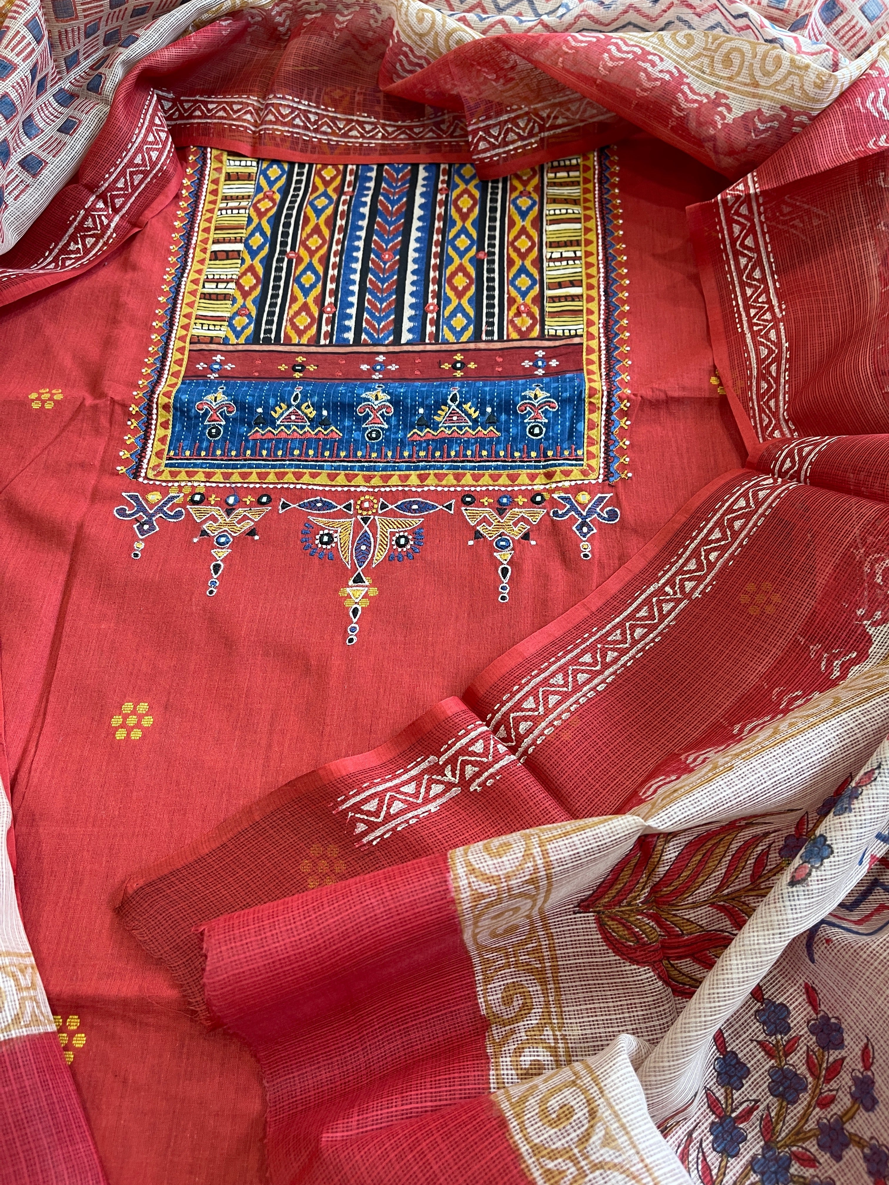 Handblock Printed Embroidered Suit Set with Patchwork in Pure Cotton - Masakalee