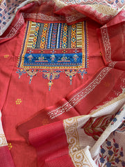 Handblock Printed Embroidered Suit Set with Patchwork in Pure Cotton - Masakalee