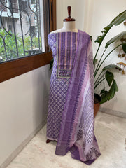Handblock Printed Embroidered Suit Set with Patchwork in Pure Cotton - Masakalee