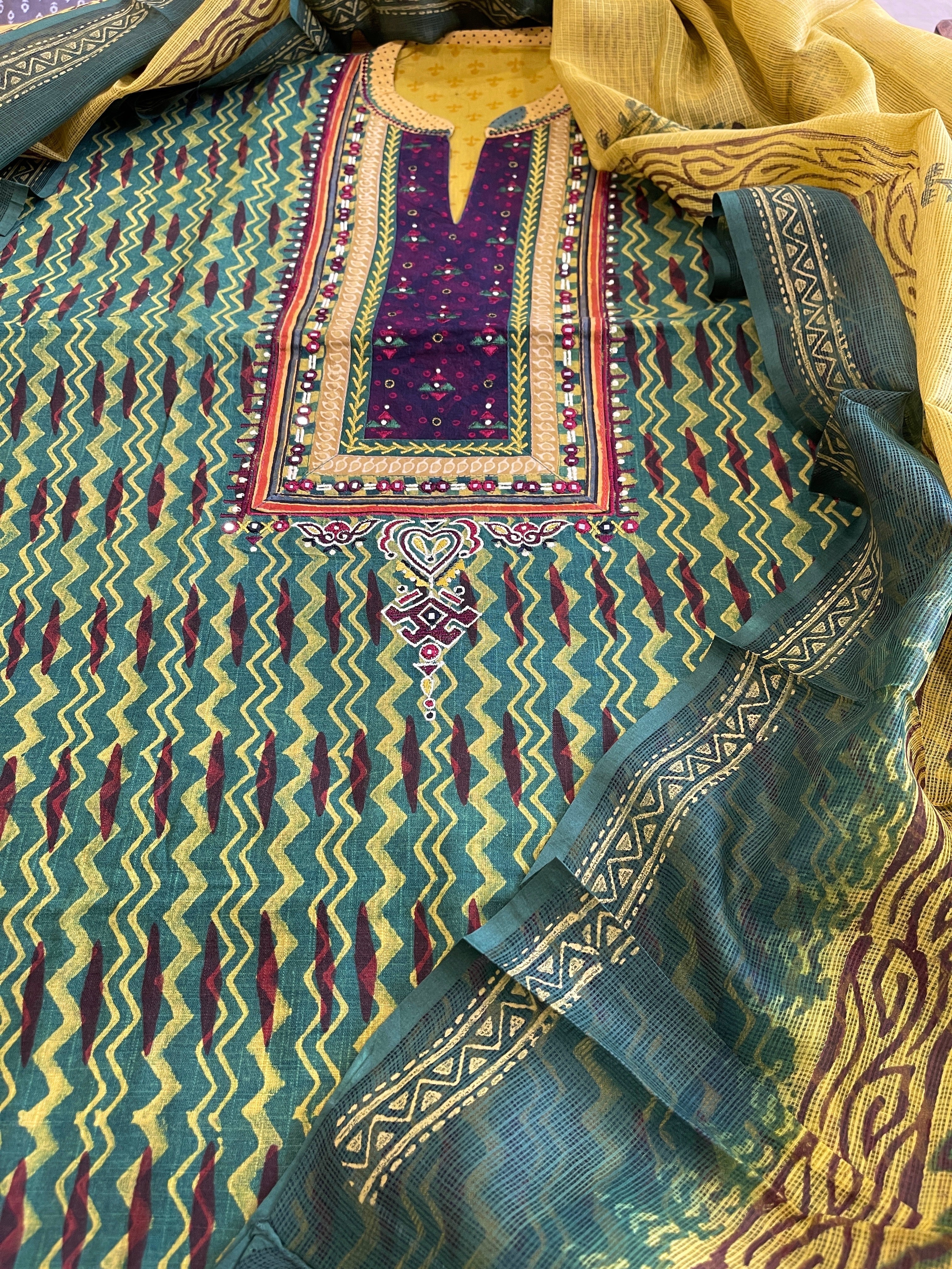Handblock Printed Embroidered Suit Set with Patchwork in Pure Cotton - Masakalee