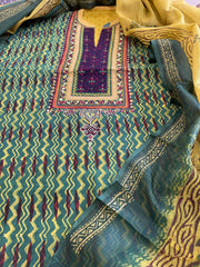 Handblock Printed Embroidered Suit Set with Patchwork in Pure Cotton - Masakalee