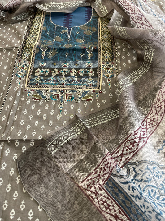 Handblock Printed Embroidered Suit Set with Patchwork in Pure Cotton - Masakalee