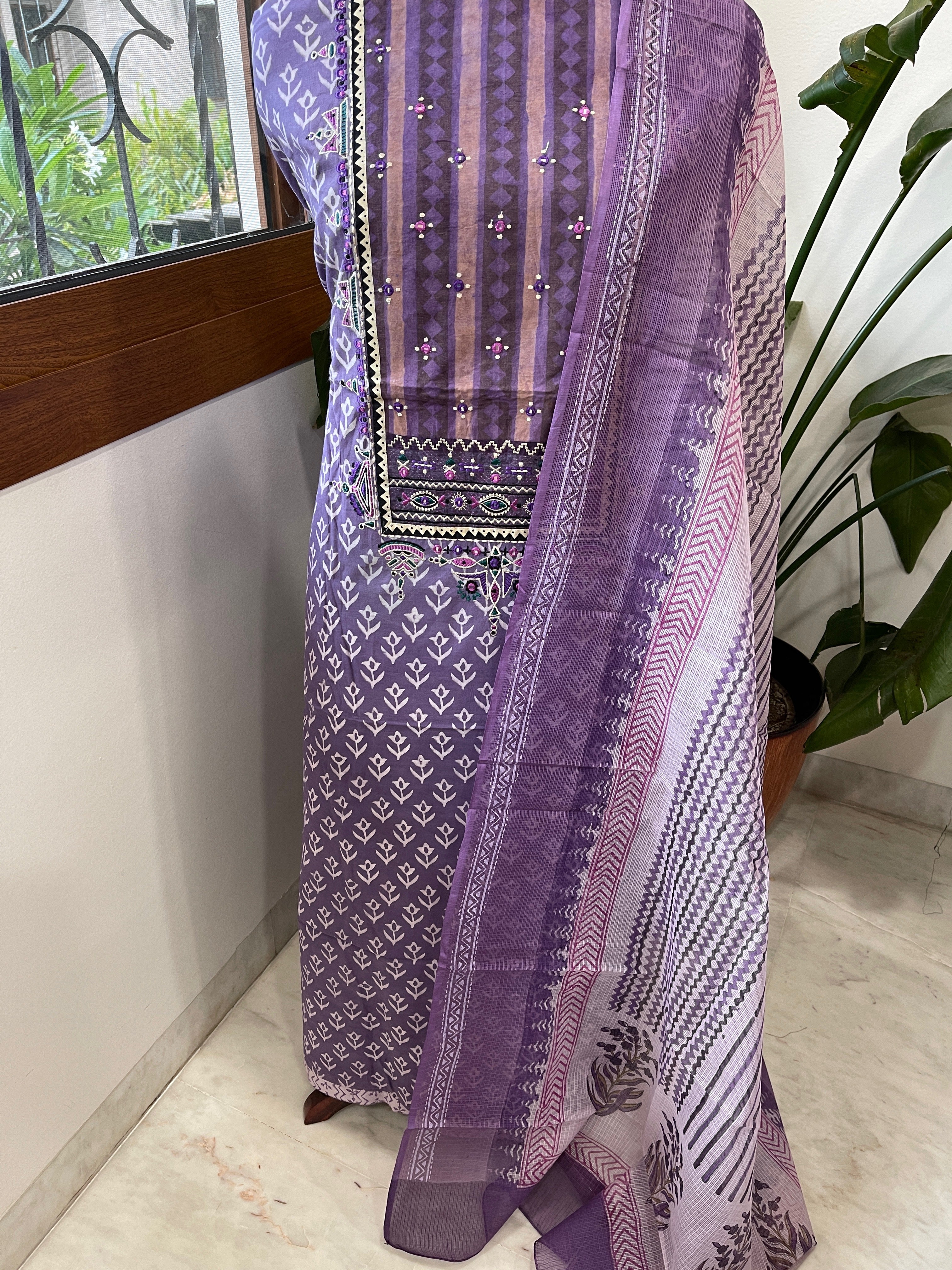 Handblock Printed Embroidered Suit Set with Patchwork in Pure Cotton - Masakalee