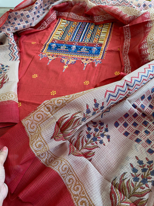 Handblock Printed Embroidered Suit Set with Patchwork in Pure Cotton - Masakalee