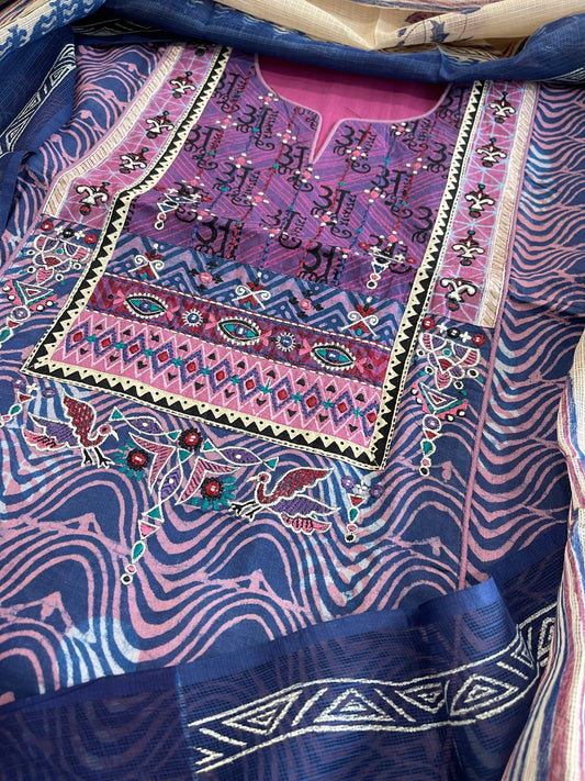 Handblock Printed Embroidered Suit Set with Patchwork in Pure Cotton - Masakalee