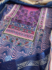 Handblock Printed Embroidered Suit Set with Patchwork in Pure Cotton - Masakalee