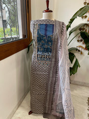 Handblock Printed Embroidered Suit Set with Patchwork in Pure Cotton - Masakalee
