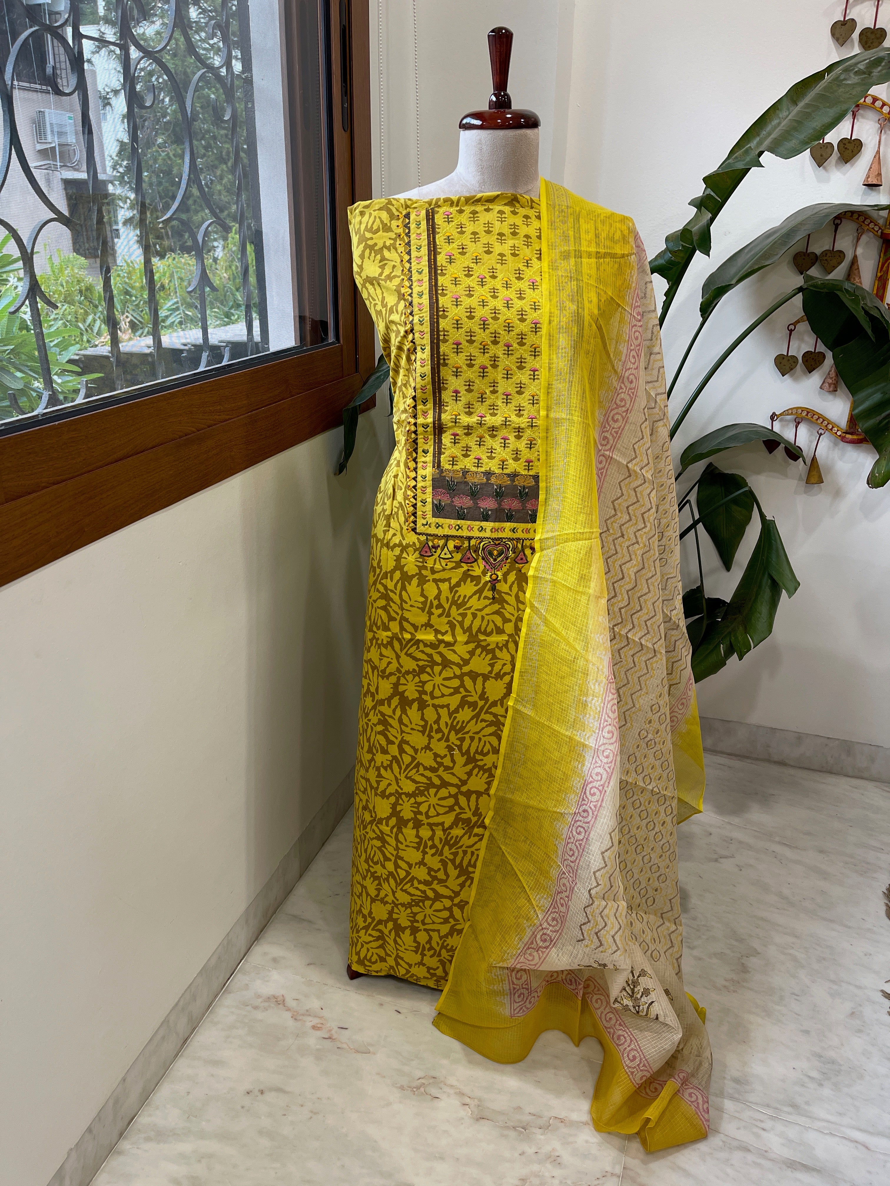 Handblock Printed Embroidered Suit Set with Patchwork in Pure Cotton - Masakalee