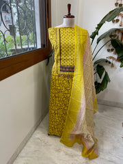 Handblock Printed Embroidered Suit Set with Patchwork in Pure Cotton - Masakalee