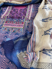 Handblock Printed Embroidered Suit Set with Patchwork in Pure Cotton - Masakalee