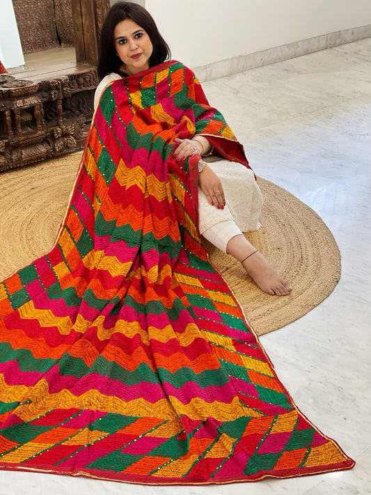 Handmade Designer Phulkari Dupatta in Khaddar Cotton - Masakalee