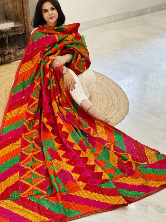 Handmade Designer Phulkari Dupatta in Khaddar Cotton - Masakalee