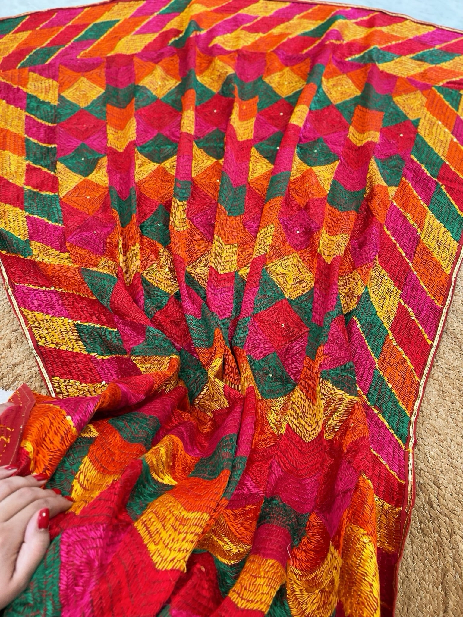 Handmade Designer Phulkari Dupatta in Khaddar Cotton - Masakalee