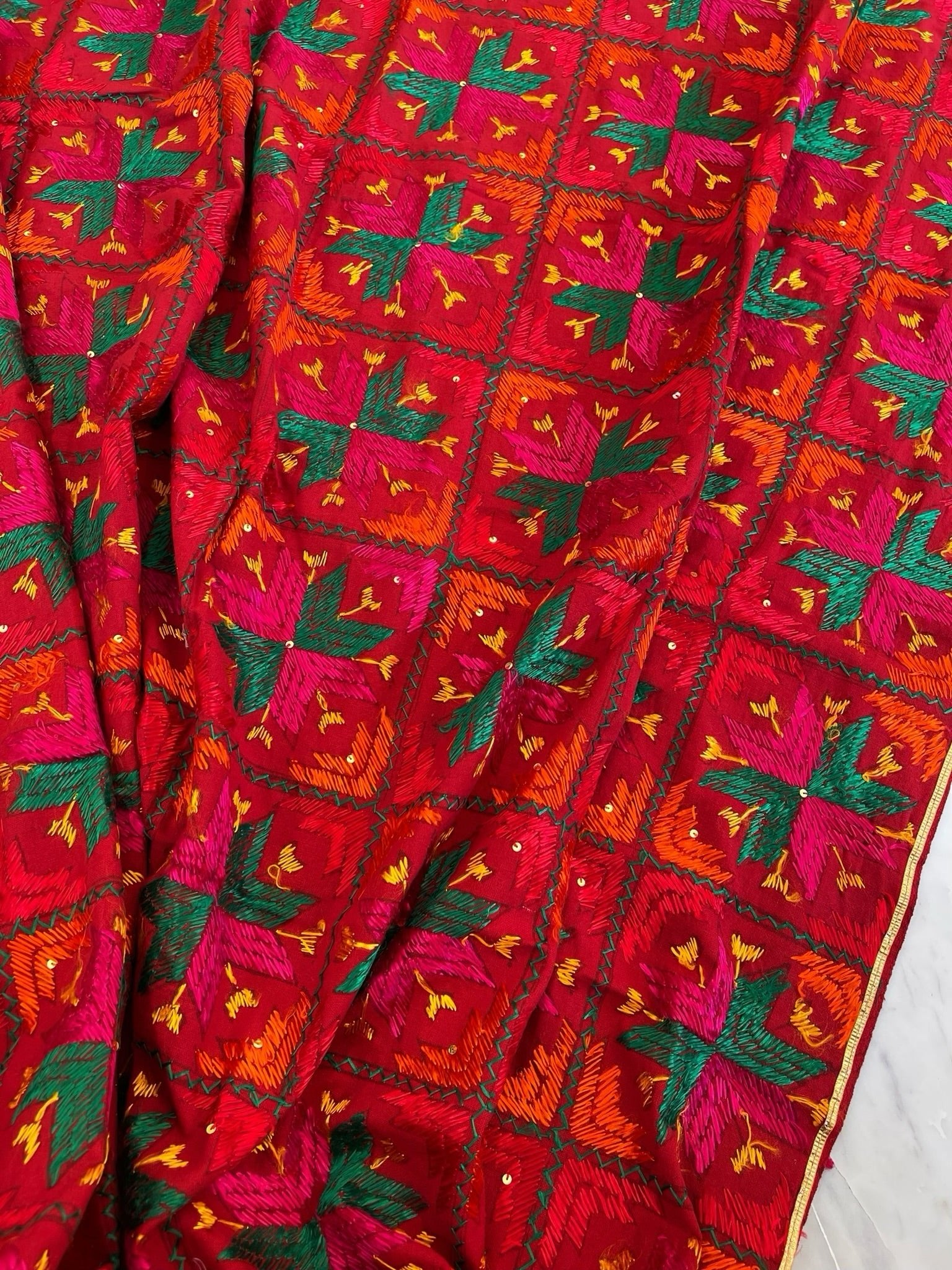 Handmade Designer Phulkari Dupatta in Khaddar Cotton - Masakalee