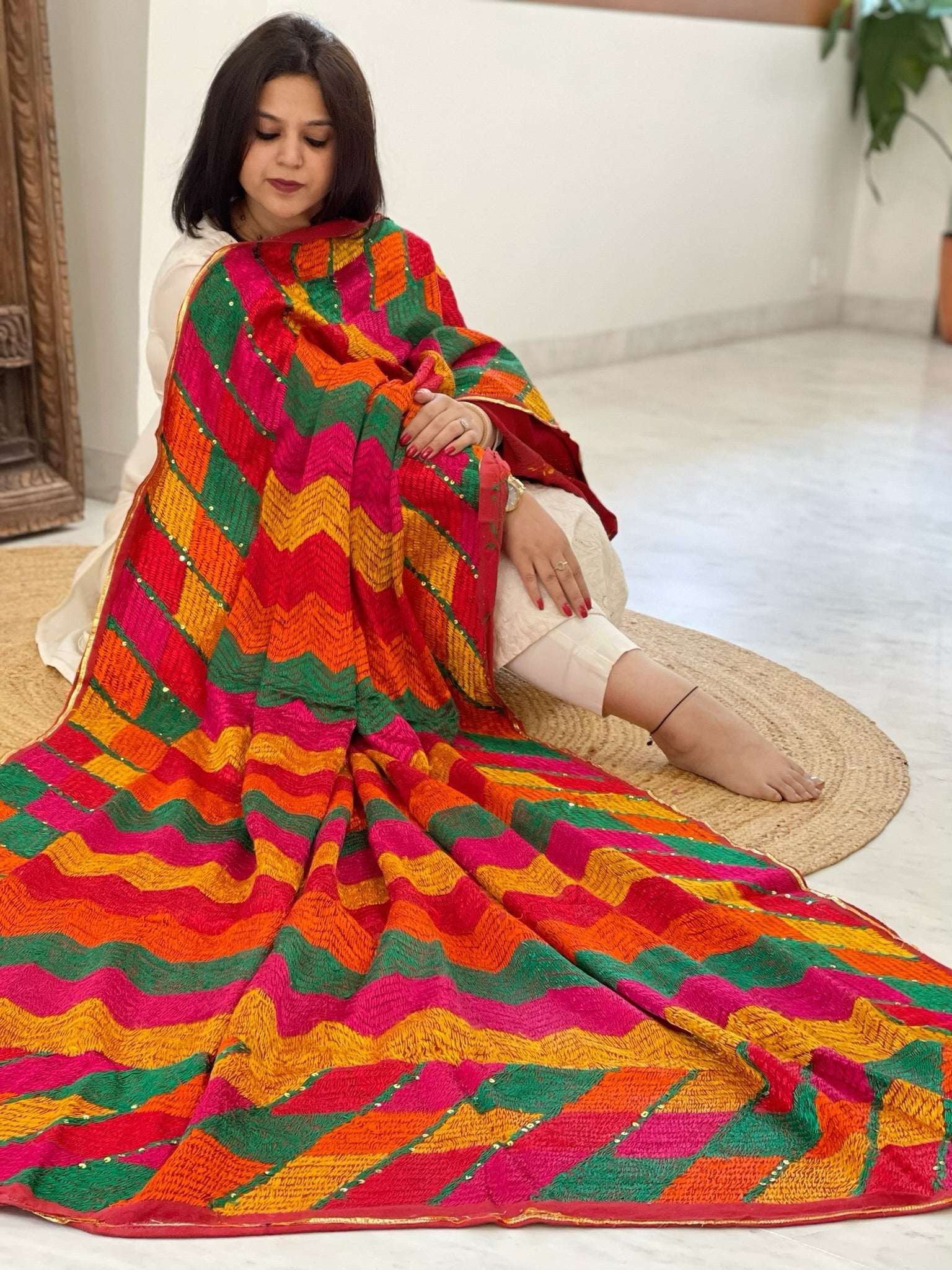 Handmade Designer Phulkari Dupatta in Khaddar Cotton - Masakalee