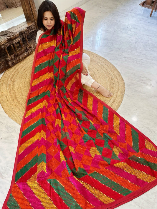Handmade Designer Phulkari Dupatta in Khaddar Cotton - Masakalee