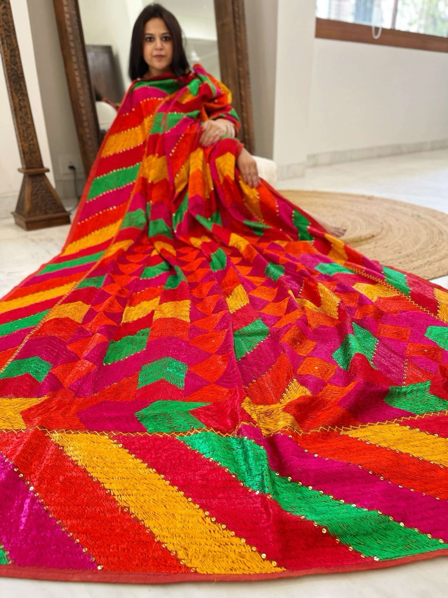 Handmade Designer Phulkari Dupatta in Khaddar Cotton - Masakalee