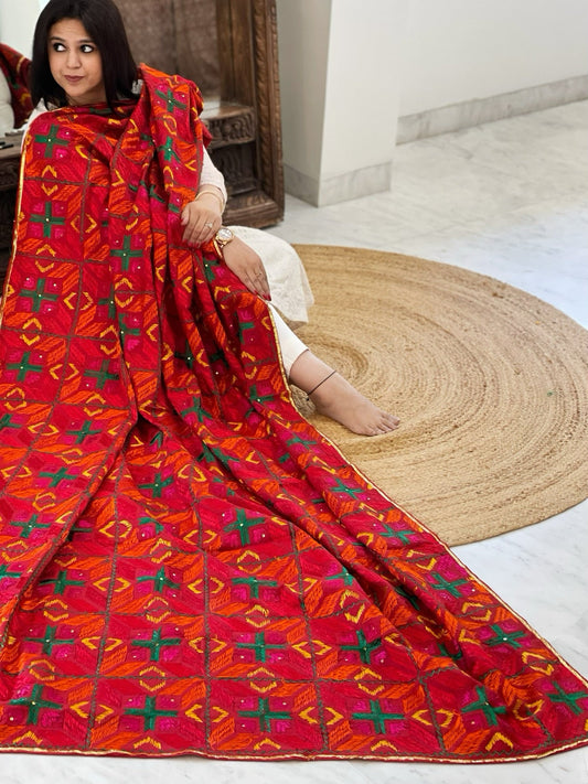 Handmade Designer Phulkari Dupatta in Khaddar Cotton - Masakalee