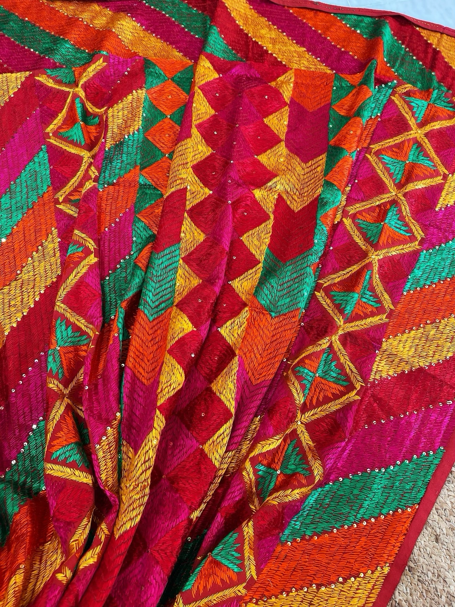 Handmade Designer Phulkari Dupatta in Khaddar Cotton - Masakalee