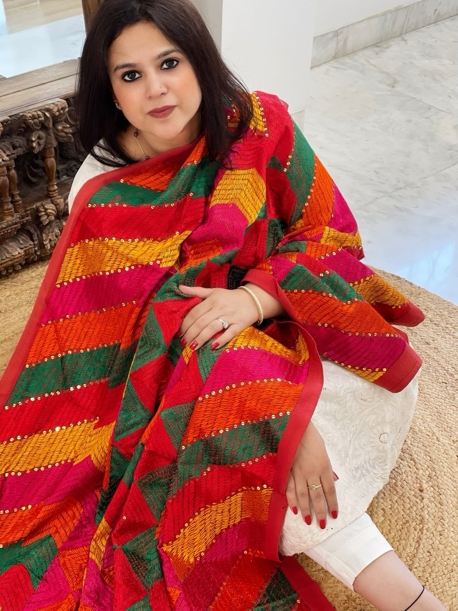 Handmade Designer Phulkari Dupatta in Khaddar Cotton - Masakalee
